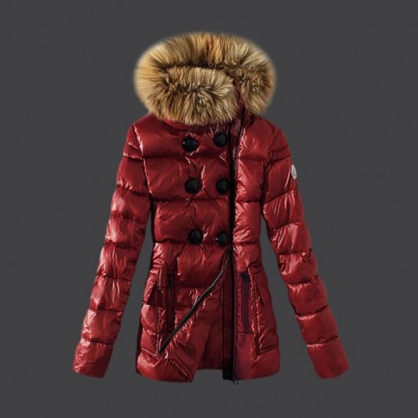 Moncler Donna lungo Giù cappotto di pelliccia collare rosso Presa M1085
